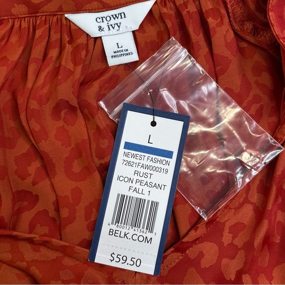 NWT crown & ivy rust icon peasant top boho gypsy leopard animal print L - Picture 5 of 11
